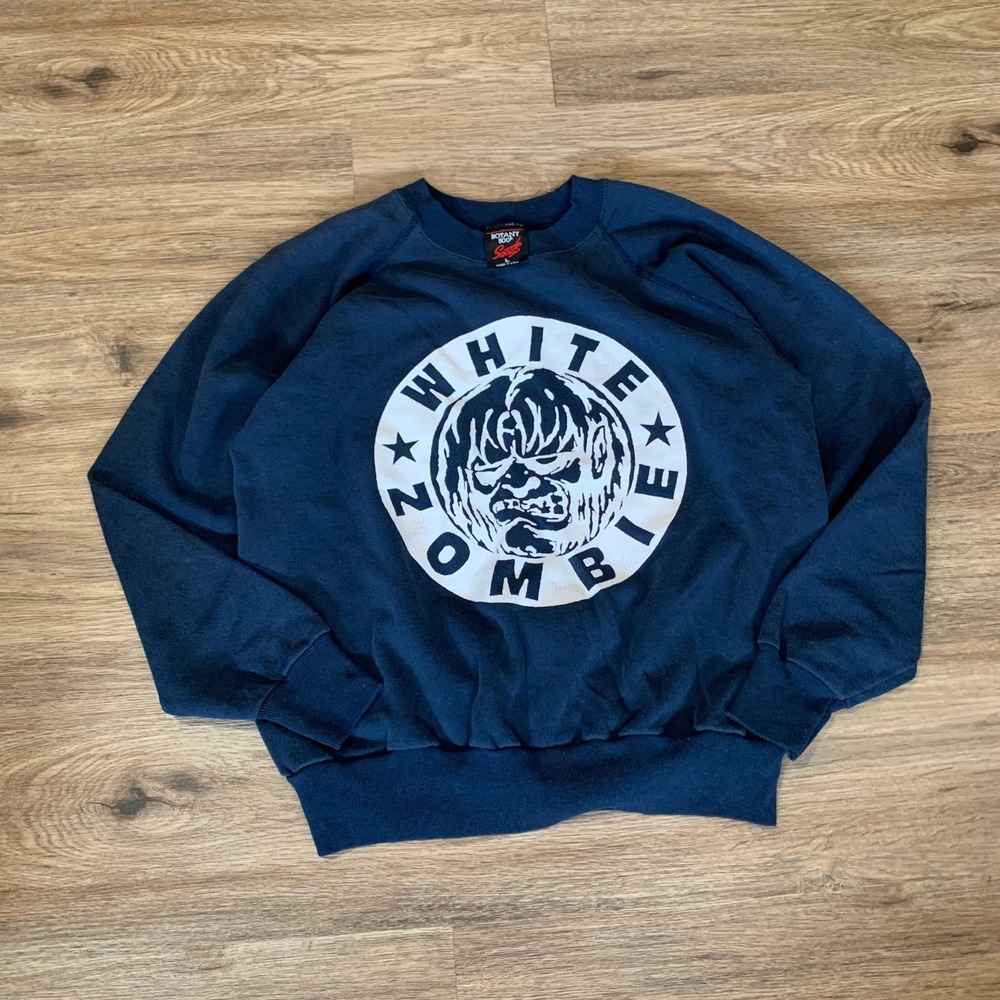 Vintage 1990s White Zombie Band Sweatshirt Botany 500 Navy Blue Raglan Crewneck